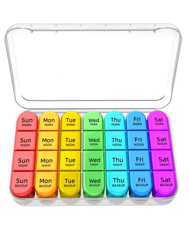 Zoksi Weekly Pill Organizer 4 Times a Day, 7 Day Pill Box, Large Travel Pill Case, Daily Medicine Organizer Container with 28 Portable Compartments for Fish Oils, Vitamins or Supplements (Rainbow) White