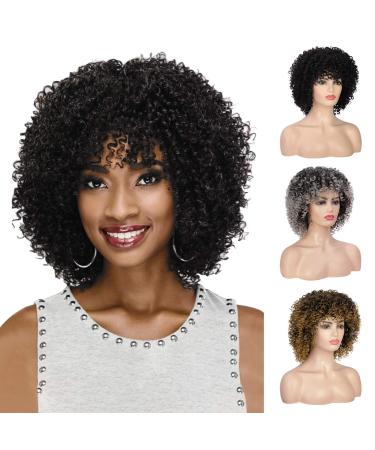 PEACOCO Short Afro Wigs for Black Women Jerry Curl Hair Wig Natural Fashion Synthetic Full Wig for African American Women for Daily Party with Wig Cap (1B)