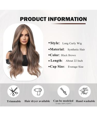 HAIRCUBE Long Brown Wavy Wig for Women - Synthetic Curly Hair with Highlights, Middle Parting - Mixed Brown - Buy Online on GoSupps.com
