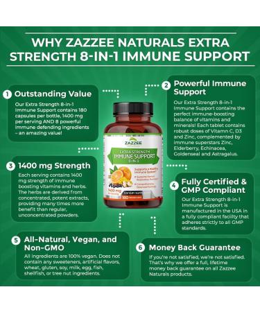 Zazzee Extra Strength 8-in-1 Immune Support - 180 Vegan Capsules | Vitamin C, D3, Zinc, Elderberry, Echinacea, Goldenseal, Turmeric, and Astragalus - 1400mg per Capsule, All-Natural - Buy Online on GoSupps.com