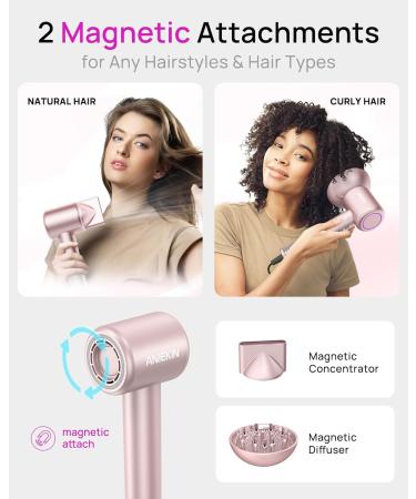 ANIEKIN Hair Blow Dryer - 110 000 RPM Fast Drying Ionic Dryer with Thermo Control & Quiet Operation | Magnetic Diffuser for Home & Travel - Pink - Buy Online on GoSupps.com