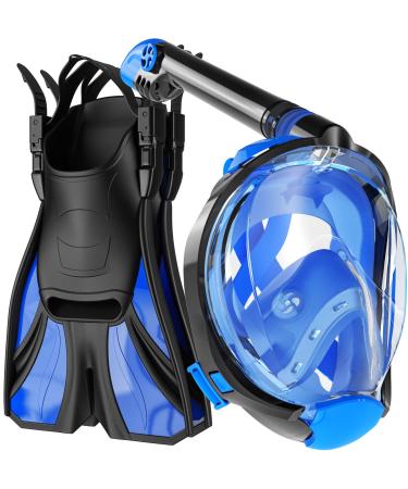cozia design Snorkel Set Adult - Full Face Snorkel Mask and Adjustable Swim Fins , 180 Panoramic View Scuba Mask, Anti Fog and Anti Leak Snorkeling Gear blue Large-X-Large