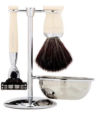 4pc set Gillette Mach3 Compatible Razor Shaving Brush Black Synthetic Fibre With Stand and Bowl Chrome Plated (Imitation Ivory)