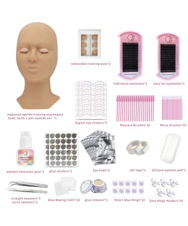 RIISCA Eyelash Extension Kit with Replaced Eyelids Silicone Training Set - Professional Lash Extension Supplies for Beginners - Makeup and Eyelash Grafting - Mannequin Head Included - Buy Online on GoSupps.com