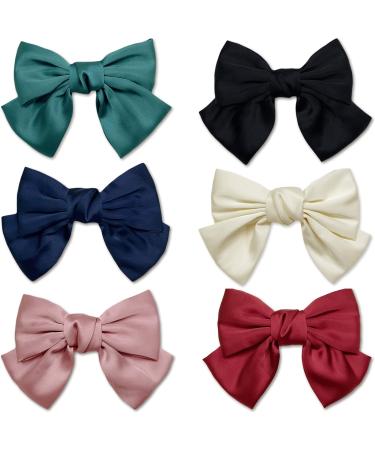 6Pcs Hair Bow Clips for Women BetterJonny Large Bow Hair Barrettes Solid Satin Bow Hair Clips for Girls Women Adult Teens Hair Accessories 6 Colors