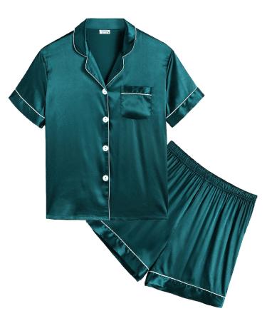 SWOMOG Kids Silk Pyjamas Girls Boys Short Sleeve Satin PJs Sets Button-Down Silky Nightwear Children Sleepwear Teens Age 4-16 10-11 Years Green