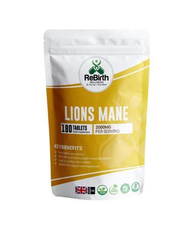 Lions Mane Supplement with Black Pepper - 2000mg Lion's Mane - 180 Easy to Swallow Vegan Tablets - Made in The UK - Powerful Mushroom Supplement - Rebirth Wellness