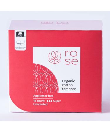 ROSE Certified Organic Cotton Non-Applicator Tampons Super Absorbency |Cotton Lock Security Veil Patent System | Hypoallergenic| Non-Toxic | Easy Application 18 Count