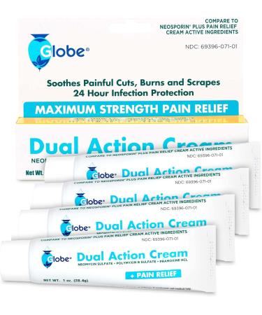 Globe Triple Antibiotic Cream + Pain Relief | 4 Pack | Soothes Cuts, Burns, Scrapes | 24-Hour Infection Protection - Buy Online on GoSupps.com