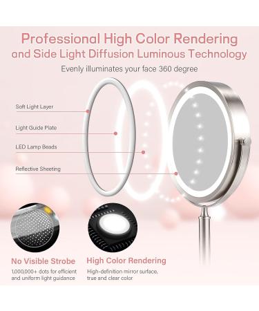 VESAUR 8 Rechargeable Lighted Makeup Mirror with 10X Magnifying Vanity, 3 Colors, 50 Dimmable LED Lights - Touch Control, Senior Pearl Nickel - 360 Rotation - Silver - Buy Online on GoSupps.com