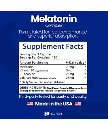 Healthfare Melatonin 20mg | 150 Veg Capsules | Complex with L-Theanine | Valerian Root & Vitamin B6 | Vegetarian Formula | Non-GMO | Gluten-Free | Made in The USA 150 Count (Pack of 1) - Buy Online on GoSupps.com