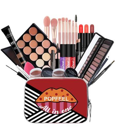 Suitable For Black Girl Professional 25Pcs All-in-One Makeup Set Teenage Gift Essential Starter Kit Lip Gloss Lipstick Brush Eyebrow Pencil Eyeshadow Palette Cosmetic Palette With Travel Cosmetic Bag 25pcs For Black Girl