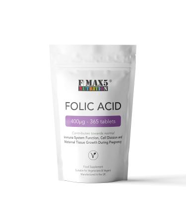 Folic Acid Tablets 400 g - 365 Vegan Vitamin B9 Tablets - 12 Month Supply - Pregnancy Care - Normal Function of Immune System & Maternal Tissue Growth During Pregnancy - Made in The UK by FMax5