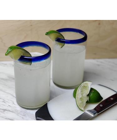 Set of 6 Hand Blown Mexican Drinking Glasses with Cobalt Blue Rims - 14 oz each - Buy Online on GoSupps.com