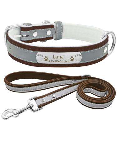 Senristar personalized reflective dog collar and leash set custom engraved warm food dog tape with name sign for small medium large dogs & cats L (width 2.5 cm neck circumference 34-45 cm) brown set