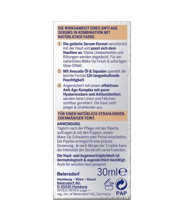 Nivea 3in1 Hyaluron Serum Foundation Dunkel (30 ml) - Anti-Age Moisturizing Foundation for Youthful Skin - Buy Online on GoSupps.com
