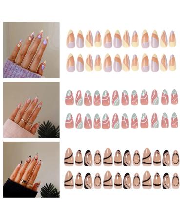 Souarts 24 Pieces French False Nails Different Sizes Short Artificial Nails Full Cover Press on Nails for Women Girl(Black+Grey+Purple)
