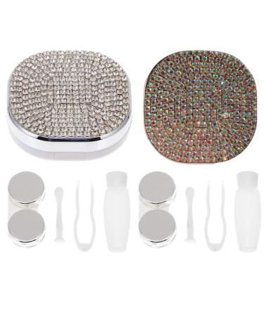 QRIEQYN Bling Rhinestone Contact Lens Case Travel Portable Contact Lens Box Kit with Mirror (Silver & Colorful) 2