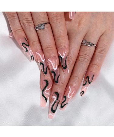 Sethexy Coffin Abstract False Nails - Snake Line Acrylic Press On Nails - 24 St Black Naked Pink Art for Women & Girls - Buy Online on GoSupps.com