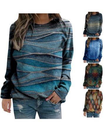 AMIMOJY Crewneck Sweatshirts for Women Casual Print Long Sleeve Shirts Fall Pullover Tops A-blue XX-Large