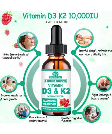 D3 K2 Vitamin 10000iu, Liquid Drop Vitamin D3 With K2 (MK-7)200mcg Coconut Oil, 6X Stronger Than D3 K2 Sofegels, Magnesium Zinc for Absorption -K2 D3 Vitamin Supplement for Joint Teeth & Bone Health Raspberry 2 Fl Oz (Pack  - Buy Online on GoSupps.com