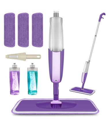 MEXERRIS Microfiber Spray Mop for Floor Cleaning - Hardwood Floor Mop Spray 360Rotatable with 2 Refillable Bottle Wet Dry Floor Cleaning Mop for Laminate Wood Tiles 3 Reusable Pads and 1 Scrubber Purple Mop With 3 Refills