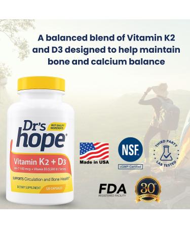 Dr s Hope Vitamin K2 (MK-7) 100 mcg & Vitamin D3 125 mg (5000 IU) Supplement - Advanced Bone & Immune Support Formula - May Help to Promote Calcium Absorption and Circulation - 120 Capsules - Buy Online on GoSupps.com