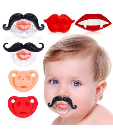 NiBaby 6PCS Soft Silicone Infant Baby Pacifiers  Funny Lips Orthodontic Cute Pacifier Design with Kiss Lip  Pig Nose  Vampire  Mustache  Cute Pacifier Lovely Mommy's Touch Kiss Lips Pacifiers