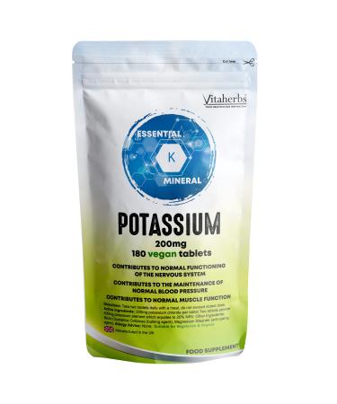 Potassium Tablets - 200mg 180 Vegan Tablets - Potassium Supplement - Contributes to Normal Blood Pressure - Nervous System Supplement - Muscle Supplements - Vitaherbs