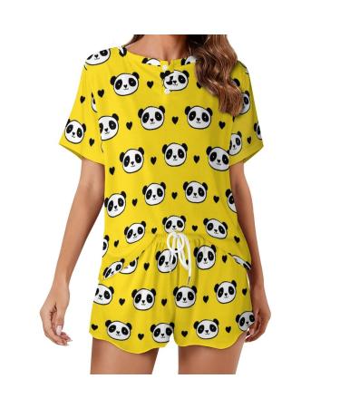 Cute Panda Bear Women's Pajama Set Short Sleeve Lounge Set Shirt and Shorts Sleepwear Set 4X-Large
