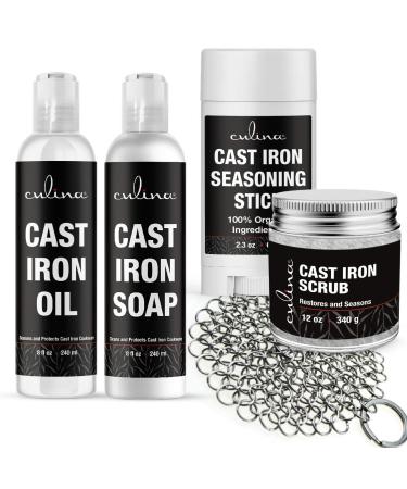 Culina Cast Iron Seasoning Stick & Soap & Oil Conditioner & Restoring Scrub & Stainless Scrubber | All Natural Ingredients | Best for Cleaning, Non-stick Cooking & Restoring | Cast Iron Cookware