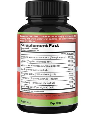 Organic Cadane Bromelain Extract Capsules with Quercetin Elderberry Ginger Echinacea Garlic Black Pepper - 60 Capsules - Buy Online on GoSupps.com