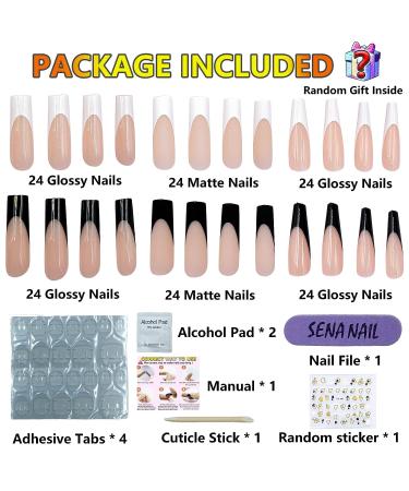 144PCS Long French Tip Press On Nails: White & Black Acrylic Square Coffin Fake Nails for Women - Buy Online on GoSupps.com