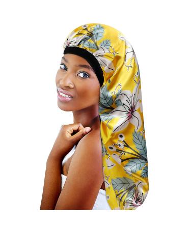 2Pcs Extra Large Long Satin Bonnet Sleep Cap Set for Women - Black+Yellow Pattern | Soft & Comfortable Elastic Band Night Sleep Hair Bonnets - Buy Online on GoSupps.com