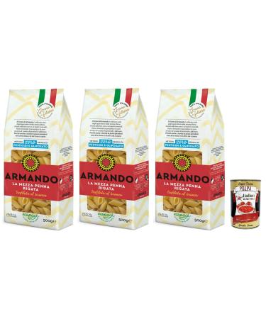 Armando La Mezza Penna Rigata bronze drawn pasta 100 Italian pasta 500 g + Italian gourmet Polpa di Pomodoro 400 g can