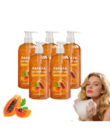 VKaoess Papaya Exfoliating Shower Gel with Vitamin E Brightening Body Wash for Smooth Soft Skin Moisturizing & Nourishing Bath Cream Soft Refreshing Fruity Fragrance for All Skin Types 5 Bottles