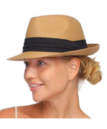FURTALK Fedora Straw Sun Hat for Men Women Foldable Roll Up Short Brim Trilby Hat Panama Beach Hat UPF 50+ Khaki Medium-Large