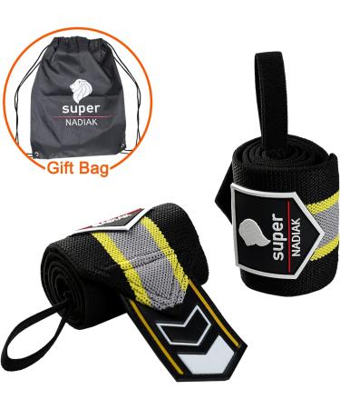 Super NADIAK Wristbands - Professional Wrist Support Cuffs for Weightlifting, Bodybuilding, and Fitness - Black/Yellow/Grey - Buy Online on GoSupps.com