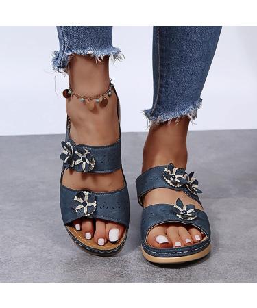 JWSVBF Orthotic Bunion Sandals for Women - Flowers Two Strap Slippers - Wedge Comfort Walking Shoes - 2023 Summer Fashion - Navy Blue - Size 8 Wide - Buy Online on GoSupps.com