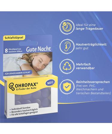 Ohropax Good Night Earplugs - Soft Silicone Noise Protection for Sleep - Individually Formable & Reusable - 8 Pieces - Buy Online on GoSupps.com