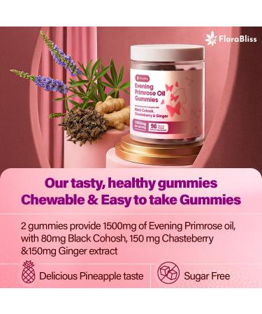 FloraBliss 90 Evening Primrose Oil Gummies | 1500mg | with Black Cohosh, Chasteberry, Ginger Extract for Daily Women's Wellness Support | Vegan, Non-GMO, Sugar-Free - Buy Online on GoSupps.com