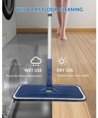 BPAWA Microfiber Flat Floor Mop for Hard Surfaces - Wet Dry Dust Mop with 4 Reusable Chenille Pads, Dark Blue - Buy Online on GoSupps.com