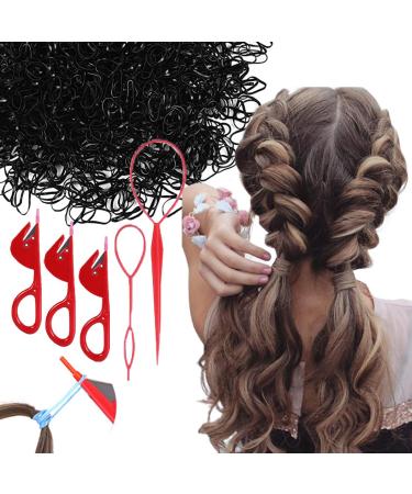 Vrose Flosi Hair Tie Cutter For Kids - 2 Topsy Tail Hair Tool & 3 Red Cutter & 500 Black Hair Elastics - No Damage Easy Grip Removal Pattern Hair Products Cute Hair Stylist Gifts For Women & Girls