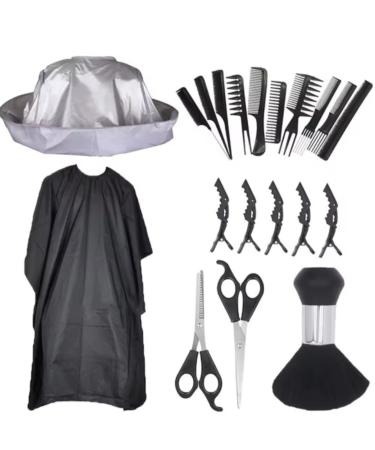 Professional Hairdressing Kit 20 Pieces: Scissors Combs Umbrella Cape Apron and Accessories for Barbers and Stylists Black/Silver