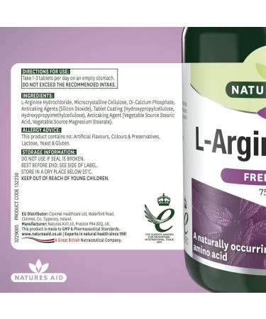 Natures Aid 750mg L-Arginine Tablets - Pack of 90 132230 - Buy Online on GoSupps.com