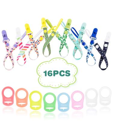 HBselect pacifier strap pacifier chain clip with baby silicone ring adapter for pacifier chains for baby boy girl (16 pcs) 16 pieces