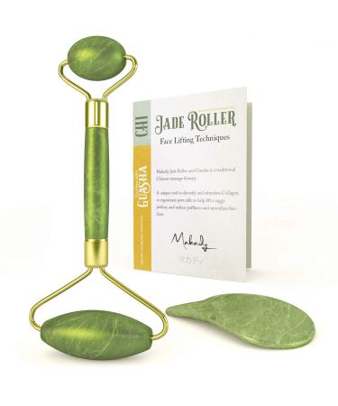 Natural Jade Roller Gua Sha Lymphatic Drainage Tool for Face Neck Body - Anti Aging Treatment Reduces Wrinkles and Fine Lines