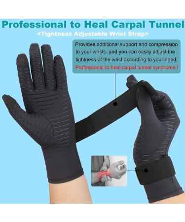 Copper Infused Compression Arthritis Gloves for Women Men - 2 Pairs Full Finger Support with Strap, Small-Medium Black - Buy Online on GoSupps.com