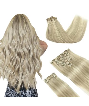 Doores real hair extensions clip ashblond highlights platinum blonde 60cm 24 inch 9 pieces 150g hair extension real hair clip remy human clips in hair extension natural real hair extensions 60cm-15a/60a ashblond highlights platinum blonde