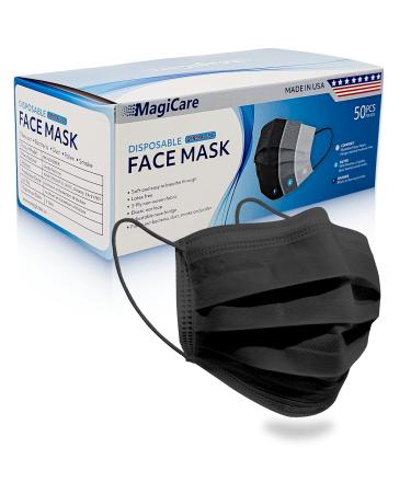 MagiCare Made in USA Masks - Black Face Masks Disposable - Premium 3 Ply Face Mask for Adults - Comfortable, Soft, Breathable - Black Face Masks Disposable Made in USA - 50ct Box
